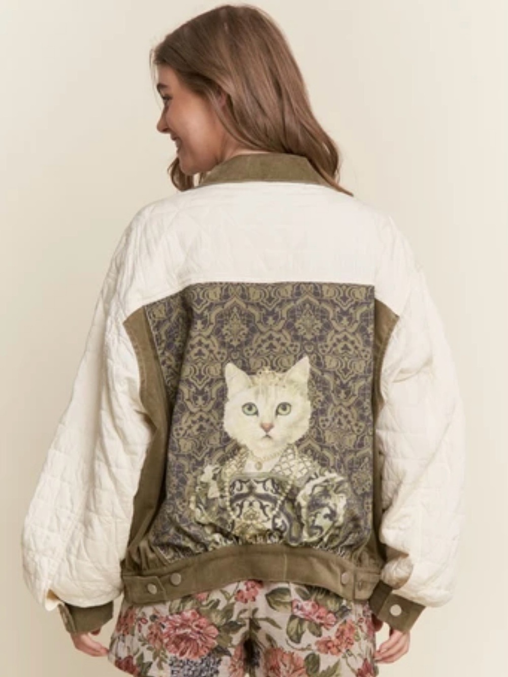 J.nna "Queen Kitty" Print Vintage Style Aviator Jacket in Olive Cream